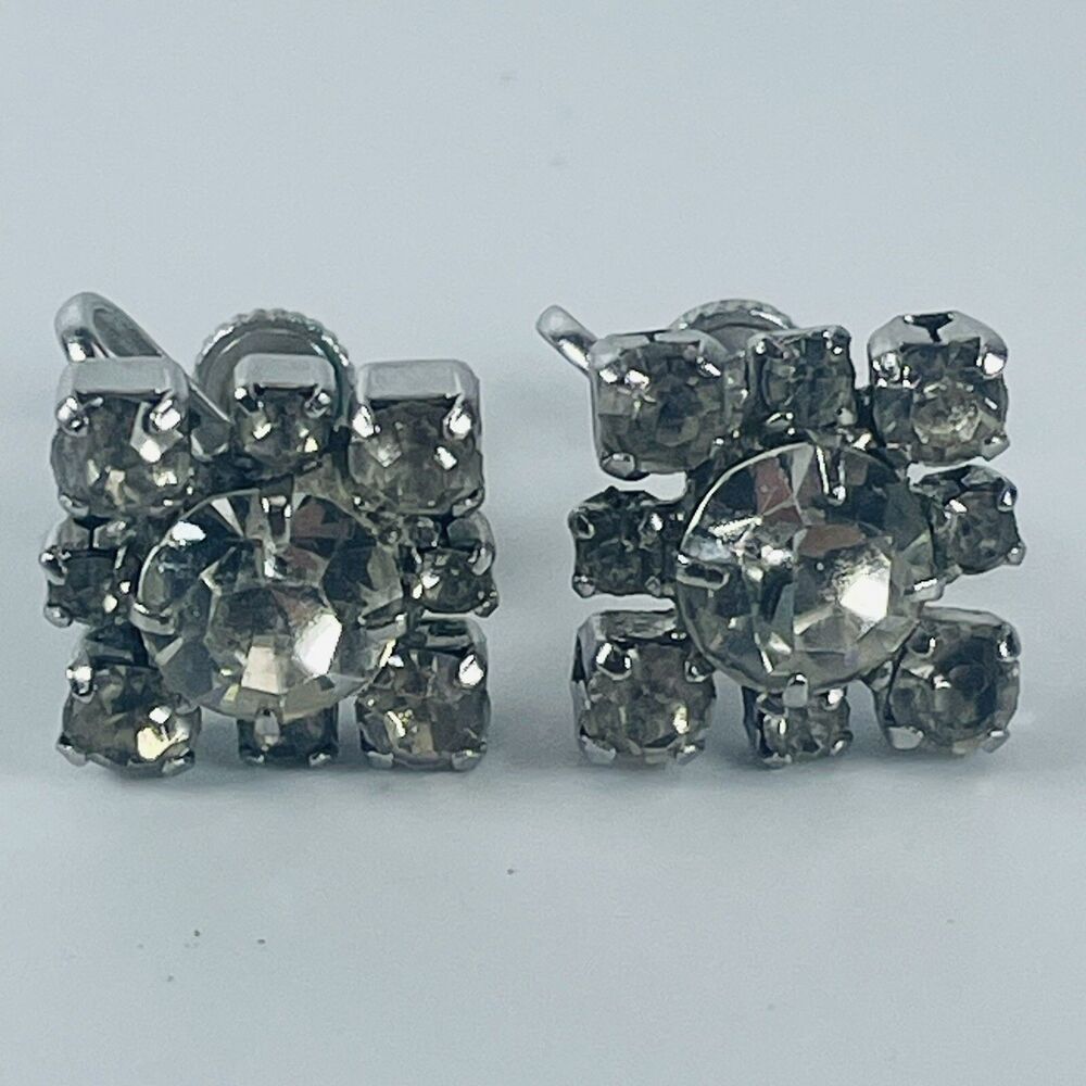 Vintage Clear Rhinestone Silver Tone Square Screw Back Clip Earrings .5" Sparkle